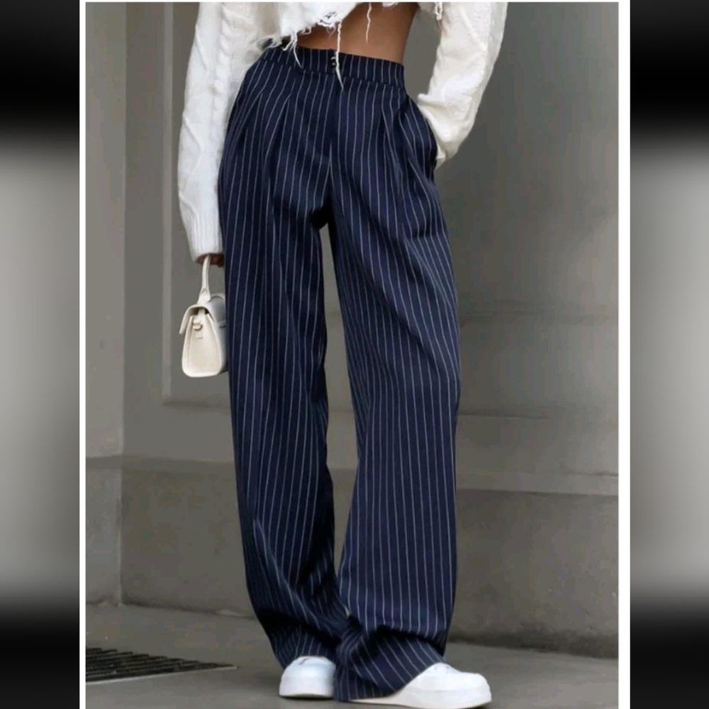 Commense Navy Pinstripe Pleated Wide-Leg Pants NWT Size Large-mango-zara-H&M - Picture 2 of 6
